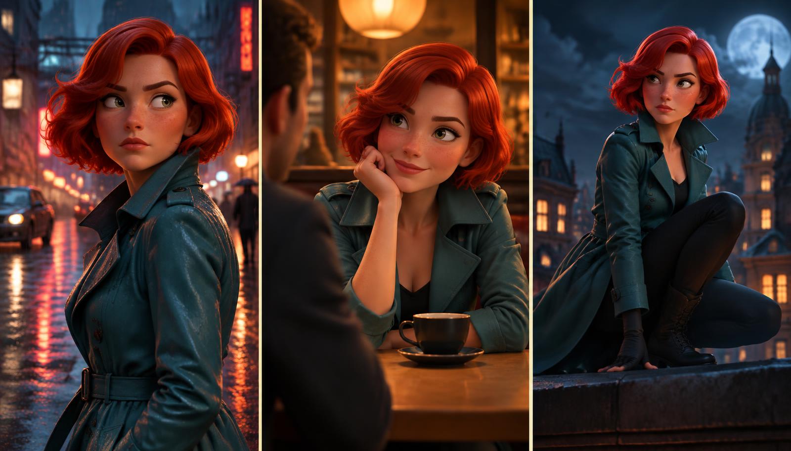 La stessa detective animata in tre scene della stessa serie.